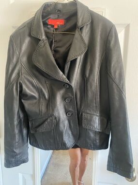 Women's Black Leather Button-Front Jacket